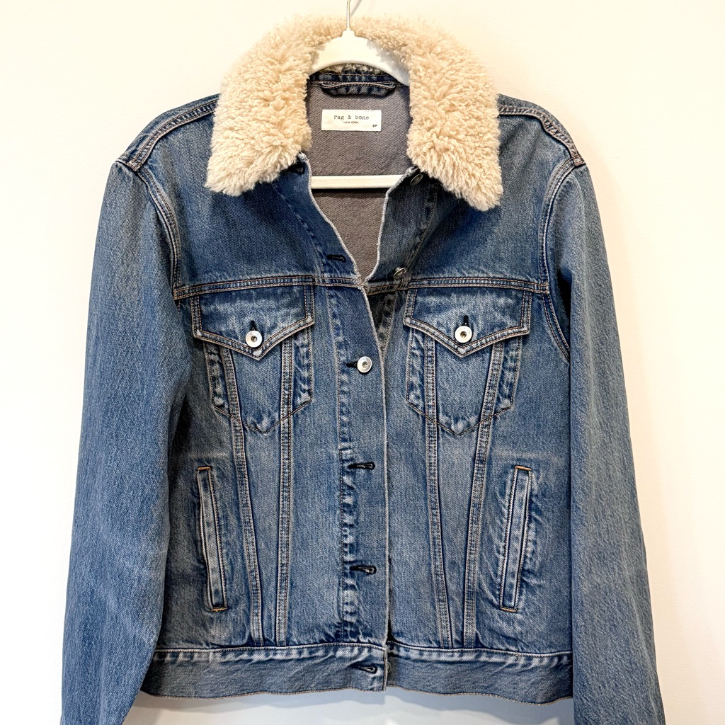 Rag & Bone Sherpa Collar Denim Trucker Jacket Medium Wash Size S Nwot